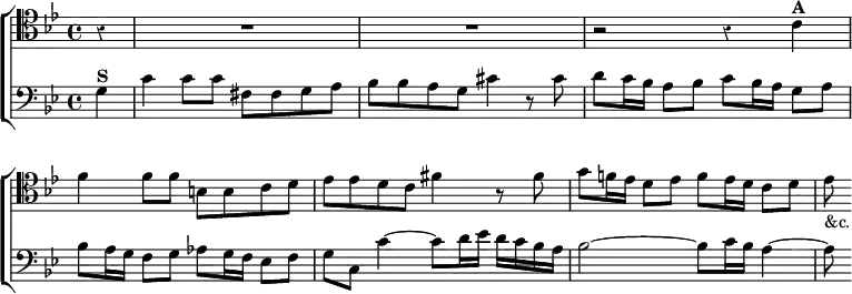 \new ChoirStaff << \override Score.Rest #'style = #'classical \override Score.BarNumber #'break-visibility = #'#(#f #f #f)
\new Staff \relative c' { \clef tenor \key g \minor \time 4/4 \partial 4
r4 R1*2 r2 r4 c^\markup \bold "A" |
f4 f8 f b, b c d | ees ees d c fis4 r8 fis |
g f!16 ees d8 ees f ees16 d c8 d | ees_"&c." }
\new Staff \relative g { \clef bass \key g \minor
g4^\markup \bold "S" | c c8 c fis, fis g a |
bes bes a g cis4 r8 cis | d c16 bes a8 bes c bes16 a g8 a |
bes a16 g f8 g aes g16 f ees8 f |
g c, c'4 ~ c8 d16 ees d c bes a |
bes2 ~ bes8 c16 bes a4 ~ | a8 } >>