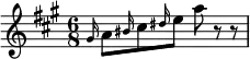 \relative a' { \key a \major \time 6/8
  \grace gis16 a8 \grace bis16 cis8 \grace dis16 e8 a r r }