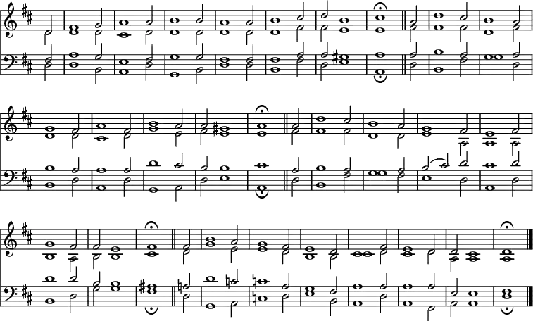 << <<
\new Staff { \clef treble \time 3/2 \key d \major \partial 2 \set Staff.midiInstrument = "church organ" \omit Staff.TimeSignature \set Score.tempoHideNote = ##t \override Score.BarNumber #'transparent = ##t
\relative c'
<< { d2 | fis1 g2 | a1 2 | b1 2 | a1 2 | b1 cis2 | d b1 | cis1 \fermata \bar"||"
a2 | d1 cis2 | b1 a2 \break | g1 fis2 | a1 fis2 | b1 a2 | a gis1 | a \fermata \bar"||"
a2 | d1 cis2 | b1 a2 | g1 fis2 | e1 fis2 \break g1 fis2 | 2 e1 | fis1 \fermata \bar"||"
fis2 | b1 a2 | g1 fis2 | e1 d2 | cis1 fis2 | e1 d2 | d cis1 | d1 \fermata \bar"|." } \\
{ d2 | 1 2 | cis1 d2 | 1 2 | 1 2 | 1 fis2 | 2 e1 | e fis2 | 1 2 | d1 fis2
d1 2 | cis1 d2 | g1 e2 | fis e1 | e fis2 | 1 2 | d1 2 | e1 a,2 | 1 2
b1 a2 | b2 1 | cis d2 | g1 e2 | 1 d2 | b1 2 | cis1 d2 | cis1 d2 | a a1 | a } >>
}
\new Staff { \clef bass \key d \major \set Staff.midiInstrument = "church organ" \omit Staff.TimeSignature
\relative c
<< { fis2 | a1 g2 | e1 fis2 | g1 2 | fis1 2 | 1 a2 | a gis1 | a a2 | b1 a2 | g1 a2
b1 a2 | 1 2 | d1 cis2 | b2 1 | cis1 a2 | b1 a2 | g1 a2 | b( cis) d | cis1 d2
d1 2 | b b1 | ais a2 | d1 c2 | 1 a2 | g1 fis2 | a1 2 | 1 2 | e e1 | fis } \\
{ d2 | 1 b2 | a1 d2 | g,1 b2 | d1 2 | b1 fis'2 | d e1 | a, \fermata
d2 | b1 fis'2 | g1 d2 | b1 d2 | a1 d2 | g,1 a2 | d e1 | a, \fermata
d2 | b1 fis'2 | g1 fis2 | e1 d2 | a1 d2 | b1 d2 | g g1 | fis \fermata
d2 | g,1 a2 | c1 d2 | e1 b2 | a1 d2 | a1 fis2 | a a1 | d \fermata } >>
}
>> >>
\layout { indent = #0 }
\midi { \tempo 2 = 76 }