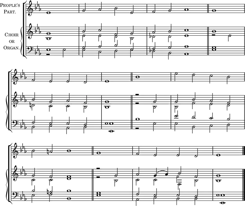 \new ChoirStaff <<
\new Staff \with {
instrumentName = \markup {
\center-column { \smallCaps "People's"
\line { \smallCaps "Part." }
}
}
} {
\clef treble
\time 4/2
\partial 1
\key es \major
\set Staff.midiInstrument = "choir aahs"
\omit Staff.TimeSignature
\set Score.tempoHideNote = ##t
\override Score.BarNumber #'transparent = ##t
\relative c'
{ es1 | g2 aes bes es, | f g aes1 \bar"||" \time 2/2 g | \break
\time 4/2 f2 es es d | es1 \bar"||" bes' | es2 d c bes | \break
bes a bes1 \bar"||" \time 2/2 g | \time 4/2 f2 es es d | es1 \bar"|."}
}
\new PianoStaff \with {
instrumentName = \markup {
\center-column { \smallCaps "Choir"
\line { \smallCaps "or" }
\line { \smallCaps "Organ." }
}
}
} <<
\new Staff = "staff" {
\clef treble
\key es \major
\set Staff.midiInstrument = "church organ"
\omit Staff.TimeSignature
\relative c''
<< { g1 | bes2 c f, g | aes bes c1 | bes |
bes2 g aes f | g1 r2 g | g bes aes f |
g f f1 | r2 g | aes g4( aes) bes2 f | g1 }
\\
{ bes,1 | es2 es d bes | des des es1 | r2 es |
d! c c bes | bes1 r2 bes | bes f' es d |
c c d1 | r2 bes | c c f, bes | bes1 }
\\
\tiny \stemDown {s1 | s s | s s | s s |
s s | s s | s s | s |
s s | f'2 } >>
}
\new Staff {
\clef bass
\key es \major
\set Staff.midiInstrument = "church organ"
\omit Staff.TimeSignature
\relative c
<< { es1 | g2 aes bes es, | f g aes1 | g |
f2 es es d | es1 bes' | es2 d c bes |
bes a bes1 | g | f2 es es d | es1 }
\\
{ r2 es | es c d es | des bes aes1 | es' |
bes2 c aes bes | es,1 r2 es' | es bes c d |
es f bes,1 | es | aes,2 c bes bes | es,1 }
\\
\tiny \stemDown {s1 | s s | s s | s s |
s es' | s s | s s | s s |
s s | es } >>
}
>> >>
\layout { indent = #12 }
\midi { \tempo 2 = 66 }