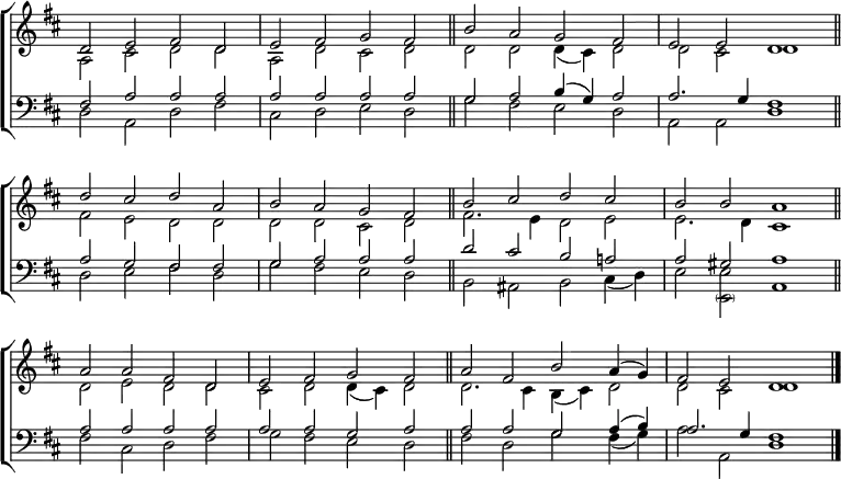 \new ChoirStaff <<
\new Staff { \clef treble \time 4/2 \key d \major \set Staff.midiInstrument = "church organ" \omit Staff.TimeSignature \set Score.tempoHideNote = ##t \override Score.BarNumber #'transparent = ##t
\relative c'
<< { d2 e fis d | e fis g fis \bar"||" b a g fis | e e d1 \bar"||" \break
d'2 cis d a | b a g fis \bar"||" b cis d cis | b b a1 \bar"||" \break
a2 a fis d | e fis g fis \bar"||" a fis b a4( g) | fis2 e d1 \bar"|." } \\
{ a2 cis d d | a d cis d | d d d4( cis) d2 | d cis d1
fis2 e d d | d d cis d | fis2. e4 d2 e | e2. d4 cis1
d2 e d d | cis d d4( cis) d2 | d2. cis4 b( cis) d2 | d cis d1 } >>
}
\new Staff { \clef bass \key d \major \set Staff.midiInstrument = "church organ" \omit Staff.TimeSignature
\relative c
<< { fis2 a a a | a a a a | g a b4( g) a2 | 2. g4 fis1
a2 g fis fis | g a a a | d cis b a! | a gis a1
a2 a a a | a a g a | a a g a4( b) | a2. g4 fis1 } \\
{ d2 a d fis | cis d e d | g fis e d | a a d1
d2 e fis d | g fis e d | b ais b cis4( d) | e2 e a,1
fis'2 cis d fis | g fis e d | fis d g fis4( g) | a2 a, d1 } \\
\stemDown \shiftOff { s \breve | s | s | s
s | s | s | s2 \parenthesize e, } >>
}
>>
\layout { indent = #0 }
\midi { \tempo 2 = 66 }