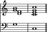 { \override Score.TimeSignature #'stencil = ##f \time 4/4 << \relative b' << { <b g>1 <c g> \bar "||" } \\ { <f, d> <e c> } >> \new Staff { \clef bass g1 c | } >> }