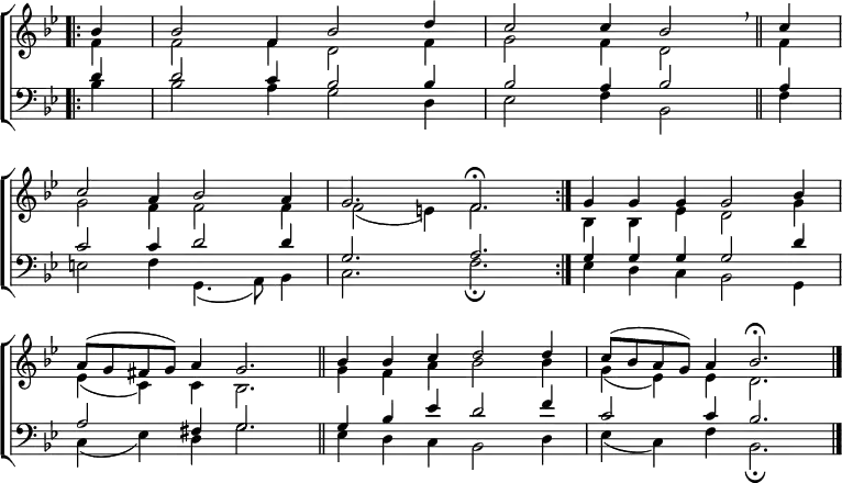 \new ChoirStaff <<
\new Staff { \clef treble \time 6/4 \key bes \major \partial 4 \set Staff.midiInstrument = "church organ" \omit Staff.TimeSignature \set Score.tempoHideNote = ##t \override Score.BarNumber #'transparent = ##t
\relative c''
<< { \bar".|:" bes4 | 2 f4 bes2 d4 | c2 4 bes2 \breathe \bar"||" c4 \break
c2 a4 bes2 a4 | g2. f \fermata \bar":|." g4 g g g2 bes4 \break
a8( g fis g) a4 g2. \bar"||" bes4 4 c d2 4 | c8( bes a g) a4 bes2. \fermata \bar"|." } \\
{ f4 | 2 4 d2 f4 | g2 f4 d2 f4
g2 f4 2 4 | 2( e4) f2. | bes,4 4 es d2 g4
es( c) c bes2. | g'4 f a bes2 4 | g( es) es d2. } >>
}
\new Staff { \clef bass \key bes \major \set Staff.midiInstrument = "church organ" \omit Staff.TimeSignature
\relative c'
<< { d4 | 2 c4 bes2 4 | 2 a4 bes2 a4
c2 4 d2 4 | g,2. a | g4 4 4 2 d'4
a2 fis4 g2. | 4 bes es d2 f4 | c2 4 bes2. } \\
{ bes4 | 2 a4 g2 d4 | es2 f4 bes,2 f'4
e2 f4 g,4.( a8) bes4 | c2. f \fermata | es4 d c bes2 g4
c( es) d g2. | es4 d c bes2 d4 | es( c) f bes,2. \fermata} >>
}
>>
\layout { indent = #0 }
\midi { \tempo 4 = 120 }
