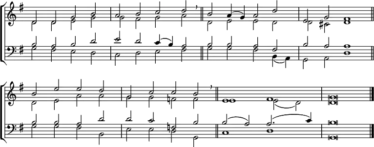 \new ChoirStaff <<
\new Staff { \clef treble \time 4/2 \key g \major \set Staff.midiInstrument = "church organ" \omit Staff.TimeSignature \set Score.tempoHideNote = ##t \override Score.BarNumber #'transparent = ##t \override Staff.NoteHead.style = #'altdefault
\relative c'
<< { d2 d g b | a b c d \breathe \bar"||" b a4( g) a2 d | e, g fis1 \bar"||" \break
b2 e e d | g, c c b \breathe \bar"||" e,1 fis | g \breve \bar"|." } \\
{ d2 d e g | g fis g a | d, e e d | d cis d1
d2 e a a | g g f f | e1 e2( d) | d \breve } >>
}
\new Staff { \clef bass \key g \major \set Staff.midiInstrument = "church organ" \omit Staff.TimeSignature \override Staff.NoteHead.style = #'altdefault
\relative c'
<< { b2 a b d | e d c4( b) a2 | b b a fis | b a a1
b2 b a d | d c f, b | b( a) a2.( c4) | b \breve } \\
{ g2 fis e d | c d e fis | g g fis b,4( a) | g2 a d1
g2 g fis b, | e e d g, | c1 d | g, \breve } >>
}
>>
\layout { indent = #0 }
\midi { \tempo 2 = 84 }