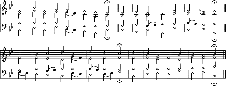 << <<
\new Staff { \clef treble \time 4/2 \partial 2 \key bes \major \set Staff.midiInstrument = "church organ" \omit Staff.TimeSignature \set Score.tempoHideNote = ##t \override Score.BarNumber #'transparent = ##t
\relative c'
<< { f2 | bes f g g | f es d \fermata \bar"||" d | es d c f |
f e f \fermata \bar"||" \break f | bes c d bes |
es d c \fermata \bar"||" d | bes g f bes | bes a bes \fermata \bar"|." } \\
{ d,2 | f d es es4( d) | c2 a bes bes | bes bes c d |
d c c f | f es d g4( f) |
es2 f f f | f es f d | g f f } >>
}
%%\new Lyrics \lyricsmode { put lyrics here if you insist }
\new Staff { \clef bass \key bes \major \set Staff.midiInstrument = "church organ" \omit Staff.TimeSignature
\relative c'
<< { bes2 | bes bes bes es, | f f f f | g f4( g) a2 a |
bes4( a) g2 a a | bes g4( a) bes2 bes |
bes4( a) bes2 a bes | bes bes bes bes | c c d } \\
{ bes,2 | d bes es c4( bes) | a2 f bes \fermata bes | g bes f d' |
bes c f, \fermata f'4( es) | d2 c bes es4( d) |
c2 d4( es) f2 \fermata bes, | d es d g | es f bes, \fermata } >>
}
>> >>
\layout { indent = #0 }
\midi { \tempo 2 = 90 }