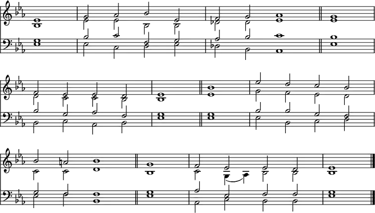 << <<
\new Staff { \clef treble \time 4/2 \key es \major \partial 1 \set Staff.midiInstrument = "church organ" \omit Staff.TimeSignature \set Score.tempoHideNote = ##t \override Score.BarNumber #'transparent = ##t
\relative c'
<< { es1 | g2 aes bes es, | f g aes1 \bar"||" \time 2/2 g1 \break
\time 4/2 f2 es es d | es1 \bar"||" bes' | es2 d c bes \break
bes a bes1 \bar"||" \time 2/2 g | \time 4/2 f2 es es d | es1 \bar"|." } \\
{ bes1 | es2 2 bes bes | des des es1 | es
d2 c c bes | bes1 es | g2 f es d
c c d1 | bes | c2 g4( aes) bes2 2 | 1 } >>
}
\new Staff { \clef bass \key es \major \set Staff.midiInstrument = "church organ" \omit Staff.TimeSignature
\relative c'
<< { g1 | bes2 c f, g | aes bes c1 | bes
bes2 g aes f | g1 g | bes2 2 g f
g f f1 | g | aes2 es f f | g1 } \\
{ es1 | 2 c d es | des bes aes1 | es'
bes2 c aes bes | es1 1 | 2 bes c d
es f bes,1 | es1 | aes,2 c bes bes | es1 } >>
}
>> >>
\layout { indent = #0 }
\midi { \tempo 2 = 66 }