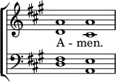 \new ChoirStaff <<
\new Staff { \clef treble \time 4/2 \key a \major \set Staff.midiInstrument = "church organ" \omit Staff.TimeSignature \set Score.tempoHideNote = ##t \override Score.BarNumber #'transparent = ##t
\relative c''
<< { a1 a } \\ { d, cis } >>
}
\addlyrics { A -- men. }
\new Staff { \clef bass \key a \major \set Staff.midiInstrument = "church organ" \omit Staff.TimeSignature
\relative c
<< { fis e } \\ { d a } >>
}
>>
\layout { indent = #0 }
\midi { \tempo 2 = 72 }