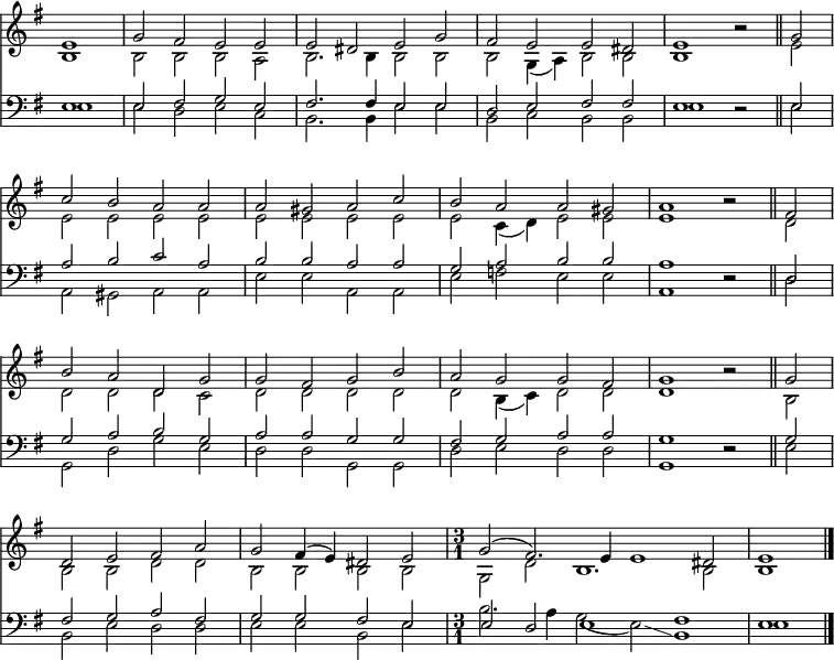 << <<
\new Staff \with {\consists "Merge_rests_engraver"}
{ \clef treble \time 4/2 \partial 1 \key g \major \set Staff.midiInstrument = "flute" \set Score.tempoHideNote = ##t \override Score.BarNumber #'transparent = ##t
\relative c'
<< { \once \omit Staff.TimeSignature e1 | g2 fis e e | e dis e g | fis e e dis | e1 r2 \bar"||"
g2 \break | c b a a | a gis a c | b a a gis | a1 r2 \bar"||"
fis2 \break | b a d, g | g fis g b | a g g fis | g1 r2 \bar"||"
g2 \break | d e fis a | g fis4( e) dis2 e | \time 3/1 g2( fis2.) e4 e1 dis2 | e1 \bar"|." } \\
{ b1 | b2 b b a | b2. b4 b2 b | b g4( a) b2 b | b1 r2
e2 | e e e e | e e e e | e c4( d) e2 e | e1 r2
d2 | d d d c | d d d d | d b4( c) d2 d | d1 r2
b2 | b b d d | b b b b | g d' b1. b2 | b1 } >>
}
\new Staff \with {\consists "Merge_rests_engraver"}
{ \clef bass \key g \major \set Staff.midiInstrument = "flute"
\relative c
<< { \once \omit Staff.TimeSignature e1 | e2 fis g e | fis2. fis4 e2 e | d e fis fis | e1 r2
e2 | a b c a | b b a a | g a b b | a1 r2
d,2 | g a b g | a a g g | fis g a a | g1 r2
g2 | fis g a fis | g g fis e | e d e1 fis | e } \\
{ e1 | e2 d e c | b2. b4 e2 e | b c b b | e1 r2
e2 | a, gis a a | e' e a, a | e' f e e | a,1 r2
d2 | g, d' g e | d d g, g | d' e d d | g,1 r2
e'2 | b e d d | e e b e | b'2. a4 g2( e)\glissando b1 | e } >>
}
>> >>
\layout { indent = #0 }
\midi { \tempo 2 = 69 }