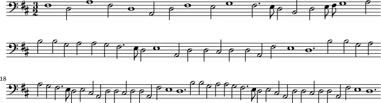 \header {
tagline = "" %% removes "Music engraving by LilyPond 2.18.2—www.lilypond.org" footer, which unsurprisingly was not in the 1651 ed.
}
\new Staff { \time 3/2 \key d \major \clef bass \override Stem.neutral-direction = #up \omit Staff.BarLine
%%\omit Staff.BarLine \partial 2
\relative c'' {
fis,,1 d2 a'1 fis2 d1 a2 d2 fis1 e2 g1 fis2. e8 d2 b2 d2 e8 fis8 g1 a2 \bar "||"
b2 b2 g2 a2 a2 g2 fis2. e8 d2 e1
a,2 d2 d2 cis2 d2 d2 a2 fis'2 e1 d1. b'2 b2 g2 a2 a2 g2 fis2. e8 d2 e2 cis2
a2 d2 d2 cis2 d2 d2 a2 fis'2 e1 d1. b'2 b2 g2 a2 a2 g2 fis2. e8 d2 e2 cis2
a2 d2 d2 cis2 d2 d2 a2 fis'2 e1 d1. \bar "|"
}
}
\midi { \tempo 2 = 180 \set Staff.midiInstrument = "cello" }
%%please feel free to change instrument to something else, see https://lilypond.org/doc/v2.21/Documentation/notation/midi-instruments
\layout { }