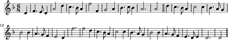 \header {
tagline = "" %% removes "Music engraving by LilyPond 2.18.2—www.lilypond.org" footer, which unsurprisingly was not in the 1651 ed.
}
\new Staff { \time 6/8 \key f \major \clef treble \partial 4
\relative c'' {
d,4 \bar "|" f4. e8 d4 a'2 d4 c4. bes8 a4 f'2 f,4 g2 a4 bes4. c8 bes4 a2. a2 \bar "||"
d4 c4. bes8 a4 c2 c4 bes4. a8 g4 bes2 bes4 a4. g8 f4 e2 d4 f'2. f2 |
d4 c4. bes8 a4 c2 c4 bes4. a8 g4 bes2 bes4 a4. g8 f4 e4. d8 e4 d2. d2 \bar "||"
}
}
\midi { \tempo 2 = 120 \set Staff.midiInstrument = "recorder" }
%%please feel free to change instrument to something else, see https://lilypond.org/doc/v2.21/Documentation/notation/midi-instruments
\layout { }