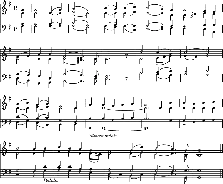 << <<
\new Staff { \clef treble \time 4/4 \partial 4 \key g \major \set Staff.midiInstrument = "church organ" \set Score.tempoHideNote = ##t \override Staff.Rest.style = #'classical \override Score.BarNumber #'transparent = ##t
\relative c''
<< { g4 | g2 d4( g) | a2( d,) | b'4( a) b( c) | b2( a4) g4 | g2 fis4 e | \break
fis4( g) a b | fis2( e4.) d8 | d2. s4 | d'2 c4( b) | c2( b) | \break
a4( b) g( a) | fis2 d4 \breathe \bar"||" g4 | g fis g a | g2 d4 b' | b a b c | \break
b2 a4 b | c b a g | fis2 g4( c) | b2( a4.) g8 | g1 \bar"|." } \\
{ d4 | d2 d4~ d | e2( d) | d4~ d d( e) | d2~ d4 b | b( cis) d cis |
d2 d4 d | d2( cis4.) d8 | d2. g4\rest | d2 e8( fis g4) | g( fis) g2 |
d4~ d e~ e | d2 d4 s4 | \small d1~ | d2. \normalsize d4 | d d d d |
d2 d4 g | fis g d d8( cis) | d2 d4( e) | d2~ d4. b8 | b1 }
>>
}
\new Staff { \clef bass \key g \major \set Staff.midiInstrument = "church organ" \override Staff.Rest.style = #'classical
\relative c'
<< { b4 | b2 b4~ b | c2( a) | g4( a) g~ g | g2( fis4) g | g2 a4 a |
a( g) fis d | a'2( g4.) fis8 | fis2. s4 | b2 c4( d) | c2 d |
d4( g,) b( c) | a2 fis4 \small b4 | b a b c | b2. \normalsize g4 | g fis g a |
g2 fis4 d' | d d a a | a2 g | g2( fis4.) g8 | g1 } \\
{ g4 | g2 g4~ g | g2( fis) | g4( fis) g( c,) | d2~ d4 e | e2 d4 a |
d( b) fis g | a2~ a4. d8 | d2. d4\rest | b'2 a4( g) | a2 g |
fis4( g) e( c) | d2 d4 \small g,_\markup { \italic "Without pedals." } | g1~ | g1 | b1\rest |
b2\rest b4\rest \normalsize g'4_\markup { \italic "Pedals." } | a g fis e | d( c) b( c) | d2~ d4. g,8 | g1 } >>
}
>> >>
\layout { indent = #0 }
\midi { \tempo 4 = 72 }
