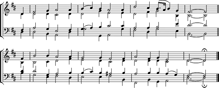 \new ChoirStaff <<
\new Staff { \clef treble \time 6/4 \partial 4 \key d \major \set Staff.midiInstrument = "church organ" \omit Staff.TimeSignature \set Score.tempoHideNote = ##t \override Score.BarNumber #'transparent = ##t
\relative c'
<< { d4 | fis2 g4 a2 a4 | b( cis) b a2 a4 | d2 cis4 b8.( a16 b4) g | fis2. ~ fis2 \bar"||" \break
fis4 | b2 b4 a2 a4 | g2 g4 fis2 fis4 | a2 fis4 g e2 | d2. ~ d2 \fermata \bar"|."} \\
{ d4 | d2 d4 cis2 d4 | d2 g4 e2 e4 | d2 fis4 g2 b,4 | b2. ~ b2
b4 | b2 cis4 d2 fis4 | e2 d4 cis2 d4 | d2 d4 d cis2 | d2. ~ d2 } >>
}
\new Staff { \clef bass \partial 4 \key d \major \set Staff.midiInstrument = "church organ" \omit Staff.TimeSignature
\relative c
<< { fis4 | a2 g4 e2 fis4 | g( a) b cis2 cis4 | a2 a4 b2 e4 | d2. ~ d2
d4 | d2 g,4 a2 b4 | b( cis) b ais2 b4 | a2 b4 b a( g) | fis2. ~ fis2 } \\
{ d4 | d2 b4 a2 d4 | g2 g,4 a2 g'4 | fis2 d4 g2 e4 | b2. ~ b2
b'4 | g2 e4 fis2 d4 | e2 e4 fis2 b,4 | fis2 b4 g a2 | d2. ~ d2 \fermata } >>
}
>>
\layout { indent = #0 }
\midi { \tempo 4 = 120 }