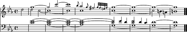 \relative c' { << \time 4/4 \key c \minor \partial 2 << { s2 g''1 ~ g2 c2 ~ c1 \grace bes8 aes2 \grace g8 \afterGrace fis 2 { g32 fis e fis } g1 ~ g ~ g ~ g \bar ".." } \\ { d2 d c ~ c1 ~ c c c ~ c ~ c2 b4 a b1 } >> \new Staff { \time 4/4 \key c \minor \partial 2 \clef bass \relative c { << { s2 <c' ees>1 ~ <c ees> ~ <c ees> ~ <c ees> ~ <c ees>2 ees4 d <c ees>2 d4 c d1 ~ d } \\ { s2 s1 aes ~ aes ~ aes g ~ g ~ g ~ g \bar ".." } >> } } >> }