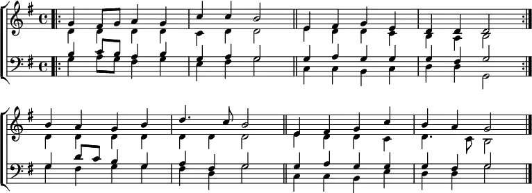 { \new ChoirStaff <<
\new Staff <<
\new Voice \relative c'' { \set Score.tempoHideNote = ##t \override Score.BarNumber #'transparent = ##t \tempo 4 = 96 \voiceOne \clef treble \key g \major \time 4/4
\bar".|:" g4 fis8 g a4 g | c c b2 \bar"||" e,4 fis g e | d d d2 \bar":|." \break
b'4 a g b | d4. c8 b2 \bar"||" e,4 fis g c | b a g2 \bar "|."
}
\new Voice \relative c' { \voiceTwo
d4 d d d | c d d2 | e4 d d c | b a b2 |
d4 d d d | d d d2 | e4 d d c | d4. c8 b2
}
>>
\new Staff <<
\new Voice \relative c' { \clef bass \key g \major \time 4/4 \voiceOne
b4 c8 b a4 b | g a g2 | g4 a g g | g fis g2
g4 d'8 c b4 g | a fis g2 | g4 a g g | g fis g2
}
\new Voice \relative c' { \voiceTwo
g4 a8 g fis4 g | e fis g2 | c,4 c b c | d d g,2
g'4 fis g g | fis d g2 | c,4 c b e | d d g2
}
>> >> }