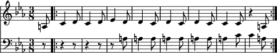 << \new Staff { \time 3/8 \key c \minor \partial 8 \relative a { a8 \repeat volta 2 { c4 d8 | c4 d8 | ees4 d8 | d4 c8 | d4 c8 | d4 c8 | c4 c8 | r4 a8 } } }
\new Staff { \clef bass \key ees \major \partial 8 \relative a { r8 r4 r8 | r4 r8 | r8*2 a8 | a4 a8 | a4 a8 | a4 a8 | a4 c8 | c4 a8 } } >>