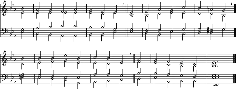 << <<
\new Staff { \clef treble \time 4/2 \key es \major \partial 2 \set Staff.midiInstrument = "church organ" \omit Staff.TimeSignature \set Score.tempoHideNote = ##t \override Score.BarNumber #'transparent = ##t
\relative c''
<< { bes2 | aes g f aes | g f es \breathe \bar"||"
es | f aes g c | bes a g \breathe \bar"||" \break
bes | bes bes es bes | c bes es, \breathe \bar"||"
aes | g f es d | es1. \bar"|." } \\
{ es2 | 2 2 2 2 | 2 d es bes | bes d es es | d d bes
d | es f g es | es d es f | es c bes bes | bes1. } >>
}
\new Staff { \clef bass \key es \major \set Staff.midiInstrument = "church organ" \omit Staff.TimeSignature
\relative c'
<< { g2 | aes bes c c | bes bes g g | f f es g | g fis g
aes | g f es es | aes aes g bes | bes aes g f | g1. } \\
{ es2 | c bes aes aes | bes bes es es | d bes es c | d d g
f | es d c g | aes bes c d | es aes, bes bes | es1. } \\
\tiny { s2 | s1 s | s s | s s | s s
s s | s s | s s | es,1. } >>
}
>> >>
\layout { indent = #0 }
\midi { \tempo 2 = 72 }