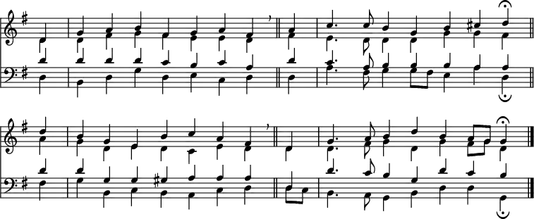 << <<
\new Staff { \clef treble \time 4/2 \key g \major \partial 4 \set Staff.midiInstrument = "church organ" \omit Staff.TimeSignature \set Score.tempoHideNote = ##t \override Score.BarNumber #'transparent = ##t
\relative c'
<< { d4 | g a b fis | g a fis \breathe \bar"||"
a | c4. 8 b4 g | b cis d \fermata \bar"||" \break
d | b g e b' | c a fis \breathe \bar"||"
d | g4. a8 b4 d | b a8 g g4 \fermata \bar"|." } \\
{ d4 | d fis g fis | e e d fis | e4. d8 4 4 | g g fis
a | g d e d | c e d d | d4. fis8 g4 d | g fis8 g d4 } >>
}
\new Staff { \clef bass \key g \major \set Staff.midiInstrument = "church organ" \omit Staff.TimeSignature
\relative c'
<< { d4 | d d d c | b c a d | c4. a8 b4 b | b a a
d | d g, g gis | a a a d, | d'4. c8 b4 g | d' c b } \\
{ d,4 | b d g d | e c d d | a'4. fis8 g4 g8 fis | e4 a d, \fermata
fis | g b, c b | a c d d8 c | b4. a8 g4 b | d d g, \fermata } >>
}
>> >>
\layout { indent = #0 }
\midi { \tempo 4 = 104 }