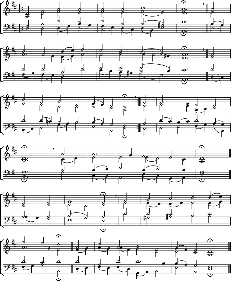 \new ChoirStaff <<
\new Staff { \clef treble \time 4/2 \key d \major \set Staff.midiInstrument = "church organ" \omit Staff.TimeSignature \set Score.tempoHideNote = ##t \override Score.BarNumber #'transparent = ##t
\relative c'
<< { \bar".|:" d2 fis a a | a a b1 | a1. \fermata \bar"||" \breathe a2 \break
d a d4( e) fis2 | e d cis( b) | a1. \fermata \bar"||" \breathe a2 \break
d a b fis | g4( fis) e2 d \fermata \bar":|." \breathe a'2 | a2. g4 fis2 e | \break
d1. \fermata \bar"||" \breathe a'2 | a2. g4 fis2 e | d1 \fermata \bar"||" \break
e2 fis | g1 fis2 \fermata \bar"||" \breathe a | b cis d d4( e) \break
fis2 e d \fermata \bar"||" \breathe a | d a b fis | g4( fis) e2 d1 \fermata \bar"|."
} \\
{ a2 d fis e | fis e fis( e) | e1. e2
a2. g4 fis( g) a2 | a b b4 a2 gis4 | e1. fis2
g fis d d | d cis a e' | fis2. e4 a,( b) cis2
b1. cis4( d) | e2 e e4( d2) cis4 | a1
cis2 d | d cis d fis | fis4( e) e( fis) fis2 fis4( g)
a2. g4 fis2 fis4( g) | a( g) a( fis) g2 d | d cis a1 } >>
}
\new Staff { \clef bass \key d \major \set Staff.midiInstrument = "church organ" \omit Staff.TimeSignature
\relative c
<< { fis2 a d cis | d a a( gis) | cis1. a4( g)
d'2 d a d | e e e2.( b4) | cis1. d2
d d4( c) b2 b | b4( a) g2 fis a | d4( cis) b( cis) d2 a4( g)
fis1. a2 | a4( b) cis2 a4( b2) a4 | fis1
a2 a | b( g) a d | d cis b d
d2 cis d d | a d d2. b4 | b( a) g2 fis1 } \\
{ d2 d d4( fis) a( g) | fis( e) d( cis) d( b) e2 | a,1. \fermata | a'4( g)
fis( g) fis( e) d2 d' | cis4( b) a( gis) a2( e) | a,1. \fermata d4( c)
b( cis) d2 g4( a) b2 | e,2 a, d \fermata cis | d e fis4( g) a( a,)
b1. \fermata fis'2 | cis4( b) a2 d4( b) g( a) | d1 \fermata
a'4( g) fis2 | e1 d2 \fermata d' | gis, ais b b
fis4( g) a2 b, \fermata d4( e) | fis( e) fis( d) g,( a) b2| e a, d1 \fermata } >>
}
>>
\layout { indent = #0 }
\midi { \tempo 2 = 60 }