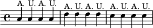 { \override Score.Clef #'stencil = ##f \time 4/4 a'4^"A." a'^"U." a'^"A." a'^"U." |
  d''^"A." d''^"U." d''^"A." d''^"U." | c''^"A." c''^"U." c''^"A." c''^"U." }
