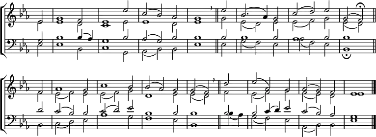\new ChoirStaff <<
\new Staff { \clef treble \time 3/2 \key es \major \partial 2 \set Staff.midiInstrument = "church organ" \omit Staff.TimeSignature \set Score.tempoHideNote = ##t \override Score.BarNumber #'transparent = ##t
\relative c'
<< { es2 | g1 f2 | es1 es'2 | c( bes) aes | g1 \breathe \bar"||"
es'2 | bes2.( aes4) g2 | c( d) es | g,( f) \fermata \bar"||" \break
f | aes1 g2 | c1 bes2 | 2( aes) g | g( f) \breathe \bar"||"
d' | es( aes,) g | aes( g) f | es1 \bar"|." } \\
{ es2 | es1 d2 | c1 es2 | 1 d2 | es1 g2 | es( d) es | es( f) g | es( d)
f | es( f) es | es( f) g | d1 es2 | 2( d) f | es( f) g | f( es) d | es1 } >>
}
\new Staff { \clef bass \key es \major \set Staff.midiInstrument = "church organ" \omit Staff.TimeSignature
\relative c'
<< { g2 | bes1 bes4( aes) | g1 bes2 | aes( g) bes | bes1 2 | 1 2 | aes1 bes2 | 1
d2 | c( bes) bes | c( d) es | bes1 2 | 1 2 | 2 c4( d) es2 | c( bes) aes | g1 } \\
{ es2 | 1 bes2 | c1 g2 | aes( bes) bes | es1 2 | g( f) es | aes( f) es | bes1 \fermata
2 | c( d) es | aes1 g2 | f1 es2 | bes1 bes'4( aes) | g2( f) es | aes,( bes) bes | es1 } >>
}
>>
\layout { indent = #0 }
\midi { \tempo 2 = 80 }