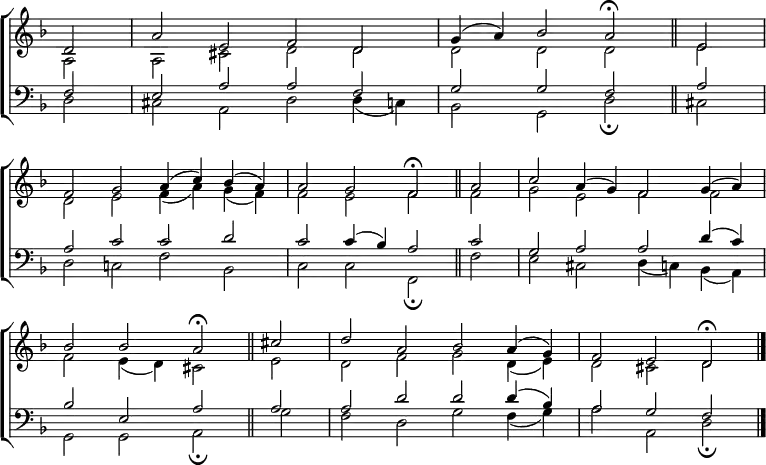 \new ChoirStaff <<
\new Staff { \clef treble \time 4/2 \key d \minor \partial 2 \set Staff.midiInstrument = "church organ" \omit Staff.TimeSignature \set Score.tempoHideNote = ##t \override Score.BarNumber #'transparent = ##t
\relative c'
<< { d2 | a' e f d | g4( a) bes2 a \fermata \bar"||" e \break
f g a4( c) bes( a) | a2 g f \fermata \bar"||" a | c a4( g) f2 g4( a) \break
bes2 2 a \fermata \bar"||" cis | d a bes a4( g) | f2 e d \fermata \bar"|." } \\
{ a2 | a cis d d | d d d e
d e f4( a) g( f) | f2 e f f | g e f f
f e4( d) cis2 e | d f g d4( e) | d2 cis d } >>
}
\new Staff { \clef bass \key d \minor \set Staff.midiInstrument = "church organ" \omit Staff.TimeSignature
\relative c
<< { f2 | e a a f | g g f a
a c c d | c c4( bes) a2 c | g a a d4( c)
bes2 e, a a | a d d d4( bes) | a2 g f } \\
{ d2 | cis a d d4( c) | bes2 g d' \fermata cis
d c! f bes, | c c f, \fermata f' | e cis d4( c) bes( a)
g2 g a \fermata g' | f d g f4( g) | a2 a, d \fermata} >>
}
>>
\layout { indent = #0 }
\midi { \tempo 2 = 58 }