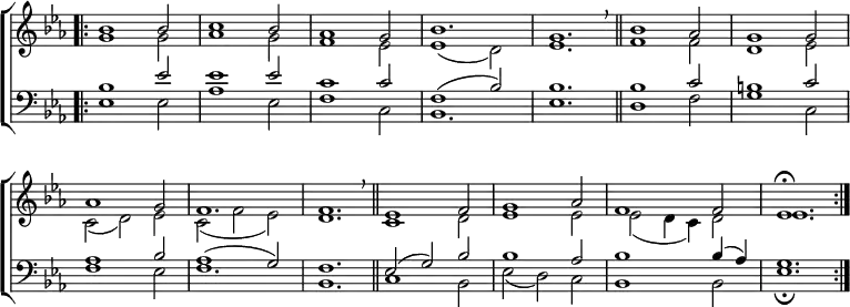 \new ChoirStaff <<
\new Staff { \clef treble \time 3/2 \key es \major \set Staff.midiInstrument = "church organ" \omit Staff.TimeSignature \set Score.tempoHideNote = ##t \override Score.BarNumber #'transparent = ##t
\relative c''
<< { \bar".|:" bes1 bes2 | c1 bes2 | aes1 g2 | bes1. | g \breathe \bar"||" bes1 aes2 | g1 g2 | \break
aes1 g2 | f1. | f \breathe \bar"||" es1 f2 | g1 aes2 | f1 f2 | es1. \fermata \bar":|." } \\
{ g1 g2 | aes1 g2 | f1 es2| es1( d2) | es1. | f1 f2 | d1 es2 |
c( d) es | c( f es) | d1. | c1 d2 | es1 es2 | es( d4 c) d2 | es1. } >>
}
\new Staff { \clef bass \key es \major \set Staff.midiInstrument = "church organ" \omit Staff.TimeSignature \override Staff.NoteHead.style = #'altdefault
\relative c'
<< { bes1 es2 | es1 es2 | c1 c2 | f,1( bes2) | bes1. | bes1 c2 | b1 c2 |
aes1 bes2 | aes1( g2) | f1. | es2( g) bes | bes1 aes2 | bes1 bes4( aes) | g1. } \\
{ es1 es2 | aes1 es2 | f1 c2 | bes1. | es | d1 f2 | g1 c,2 |
f1 es2 | f1. | bes, | c1 bes2 | es( d) c | bes1 bes2 | es1. \fermata } >>
}
>>
\layout { indent = #0 }
\midi { \tempo 2 = 58 }