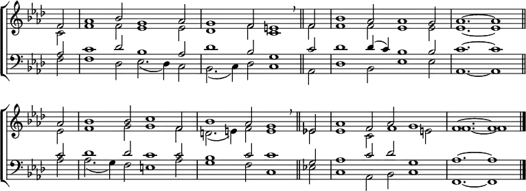 \new ChoirStaff <<
\new Staff { \clef treble \time 6/2 \key f \minor \partial 2 \set Staff.midiInstrument = "church organ" \omit Staff.TimeSignature \set Score.tempoHideNote = ##t \override Score.BarNumber #'transparent = ##t
\relative c'
<< { f2 | aes1 bes2 g1 aes2 | g1 f2 e1 \breathe \bar"||" f2 | bes1 aes2 aes1 g2 | aes1. ~ aes1 \bar"||" \break
aes2 | bes1 bes2 c1 f,2 | bes1 aes2 g1 \breathe \bar"||" es2 | aes1 f2 aes g1 | f1. ~ f1 \bar"|." } \\
{ c2 | f1 f2 es1 es2 | des1 f2 c1 f2 | f1 f2 es1 es2 | es1. ~ es1
es2 | f1 g2 g1 f2 | d2.( e4) f2 e1 es2 | es1 c2 f1 e2 | f1. ~ f1 } >>
}
\new Staff { \clef bass \key f \minor \set Staff.midiInstrument = "church organ" \omit Staff.TimeSignature \override Staff.NoteHead.style = #'altdefault
\relative c'
<< { aes2 | c1 des2 bes1 aes2 | des1 bes2 g1 c2 | des1 des4( c) bes1 bes2 | c1. ~ c1
c2 | des1 des2 c1 c2 | bes1 c2 c1 g2 | aes1 c2 des g,1 | aes1. ~ aes1 } \\
{ f2 | f1 des2 es2.( des4) c2 | bes2.( c4) des2 c1 aes2 | des1 bes2 es1 es2 | aes,1. ~ aes1
aes'2 | aes2.( g4) f2 e1 aes2 | g1 f2 c1 es!2 | c1 aes2 bes c1 | f,1. ~ f1 } \\ >>
}
>>
\layout { indent = #0 }
\midi { \tempo 2 = 80 }