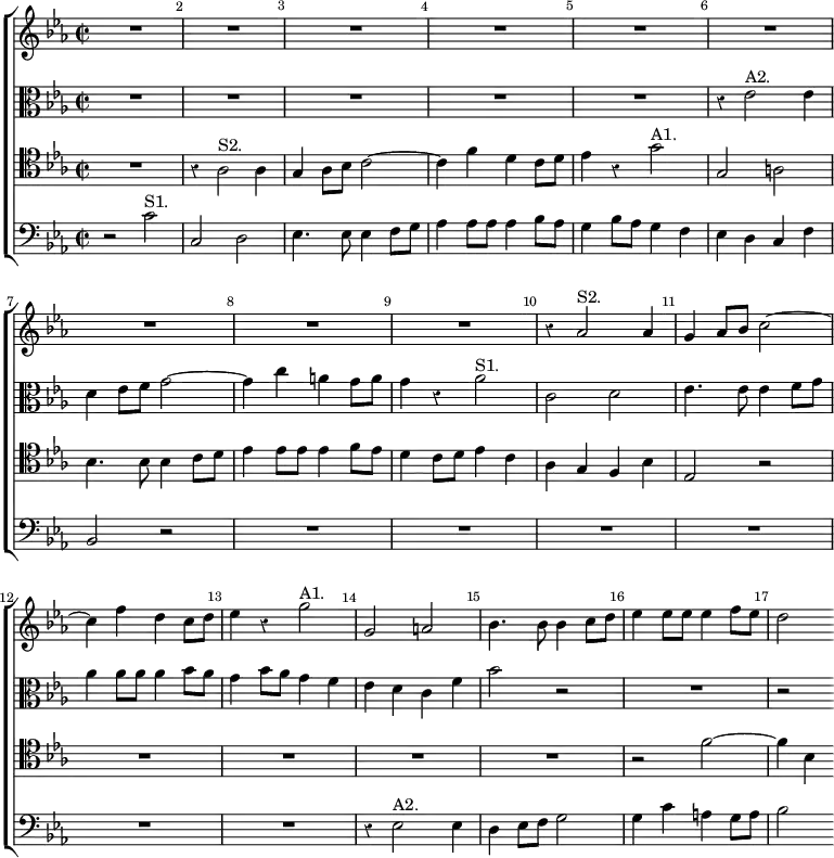 \new ChoirStaff << \override Score.BarNumber.break-visibility = ##(#f #t #t) \set Score.barNumberVisibility = #all-bar-numbers-visible \override Score.Rest #'style = #'classical
\new Staff \relative a' { \key ees \major \time 2/2
R1*9 r4 aes2^"S2." aes4 g4 aes8 bes c2 ~ c4 f d c8 d |
ees4 r g2^"A1." | g,2 a | bes4. bes8 bes4 c8 d |
ees4 ees8 ees ees4 f8 ees | d2 }
\new Staff \relative e' { \clef alto \key ees \major
R1*5 r4 ees2^"A2." ees4 | d ees8 f g2 ~ | g4 c a g8 a |
g4 r aes2^"S1." | c,2 d | ees4. ees8 ees4 f8 g |
aes4 aes8 aes aes4 bes8 aes | g4 bes8 aes g4 f |
ees d c f | bes2 r | R1 r2 }
\new Staff \relative a { \clef tenor \key ees \major
R1 r4 aes2^"S2." aes4 | g aes8 bes c2 ~ | c4 f d c8 d |
ees4 r g2^"A1." | g, a | bes4. bes8 bes4 c8 d |
ees4 ees8 ees ees4 f8 ees | d4 c8 d ees4 c | aes g f bes ees,2 r |
R1*4 r2 f' ~ f4 bes, }
\new Staff \relative c' { \clef bass \key ees \major
r2 c^"S1." c, d | ees4. ees8 ees4 f8 g |
aes4 aes8 aes aes4 bes8 aes | g4 bes8 aes g4 f | ees d c f |
bes,2 r | R1*6 | r4 ees2^"A2." ees4 | d ees8 f g2 |
g4 c a g8 a | bes2 } >>