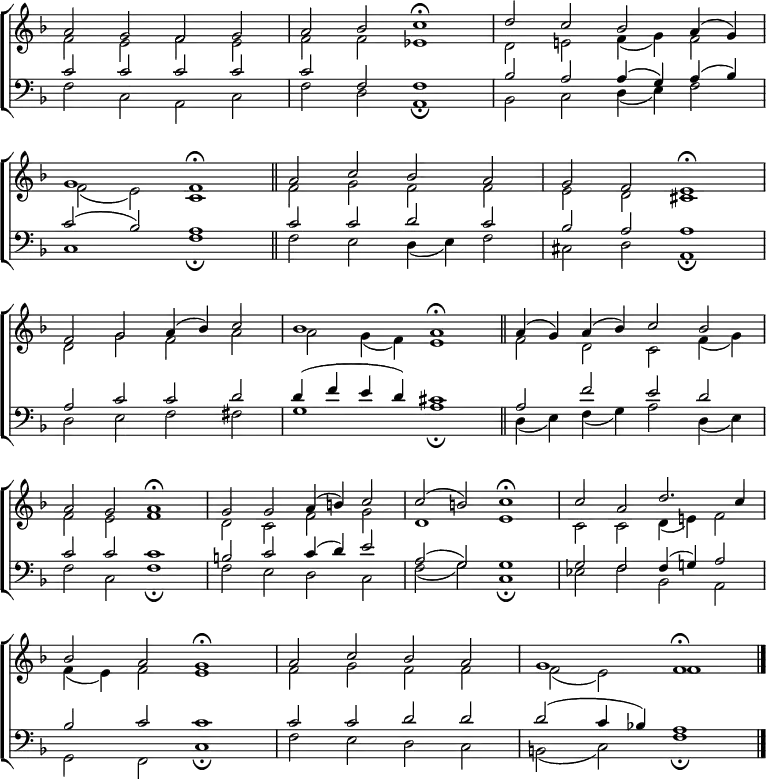 \new ChoirStaff <<
\new Staff { \clef treble \time 4/2 \key f \major \set Staff.midiInstrument = "church organ" \omit Staff.TimeSignature \set Score.tempoHideNote = ##t \override Score.BarNumber #'transparent = ##t
\relative c''
<< { a2 g f g | a bes c1 \fermata d2 c bes a4( g) \break
g1 f \fermata \bar"||" a2 c bes a | g f e1 \fermata \break
f2 g a4( bes) c2 | bes1 a \fermata \bar"||" a4( g) a( bes) c2 bes \break
a g a1 \fermata | g2 g a4( b) c2 | c( b) c1 \fermata | c2 a d2. c4 \break
bes2 a g1 \fermata | a2 c bes a | g1 f \fermata \bar"|." } \\
{ f2 e f e | f f es1 | d2 e! f4( g) f2
f( e) c1 | f2 g f f | e d cis1
d2 g f a | a g4( f) e1 | f2 d c f4( g)
f2 e f1 | d2 c f g | d1 e | c2 c d4( e!) f2
f4( e) f2 e1 | f2 g f f | f( e) f1 } >>
}
\new Staff { \clef bass \key f \major \set Staff.midiInstrument = "church organ" \omit Staff.TimeSignature
\relative c'
<< { c2 c c c | c f, f1 | bes2 a a4( g) a( bes)
c2( bes) a1 | c2 c d c | bes a a1
a2 c c d | d4( f e d) cis1 | a2 f' e d
c c c1 | b2 c c4( d) e2 | a,( g) g1 | g2 f f4( g!) a2
bes c c1 | c2 c d d | d( c4 bes!) a1 } \\
{ f2 c a c | f d a1 \fermata | bes2 c d4( e) f2
c1 f \fermata | f2 e d4( e) f2 | cis d a1 \fermata
d2 e f fis | g1 a \fermata | d,4( e) f( g) a2 d,4( e)
f2 c f1 \fermata | f2 e d c | f( g) c,1 \fermata | es2 f bes, a
g f c'1 \fermata | f2 e d c | b( c) f1 \fermata } >>
}
>>
\layout { indent = #0 }
\midi { \tempo 2 = 48 }