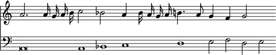 { << \override Score.TimeSignature #'stencil = ##f
\new Staff \relative a' { \cadenzaOn \autoBeamOff
a2. a16 g a b c2 bes a4 bes16 a g a b4. a8 g4 f g2 }
\new Staff \relative a, { \clef bass
a\breve*1/2 a1*1/2 bes c d e2*1/2 f d e } >> }