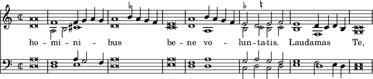 << \override Score.TimeSignature #'style = #'neomensural
\new Staff << \time 2/2 \new Voice \relative a' { \stemUp \cadenzaOn a\breve \bar "|" f1 f4 g a g \bar "|" a1 \set suggestAccidentals = ##t bes4 a g f \bar "|" e\breve \bar "|" a1 bes4 a g f \bar "|" e2 d e f \bar "|" e1 d4 c d bes \bar "|" c\breve \bar "|" }
\new Voice \relative d' { \stemDown \cadenzaOn d\breve a2 b cis1 d\breve cis
\set suggestAccidentals = ##t d1 a bes2 c bes c | bes1 f | g\breve }
\addlyrics { ho -- mi -- _ ni -- bus be -- ne vo -- lun -- ta -- tis. _ Lau -- damas Te, } >>
\new Staff << \clef bass \new Voice { \stemUp \cadenzaOn a\breve f1 a4 g2 f4 | a\breve a | f1 a | g2 a g f g1 d e\breve }
\new Voice { \stemDown \cadenzaOn d\breve | d1 e d\breve e | d1 d | c2 d c d | e1 f2 e4 d | c\breve } >> >>