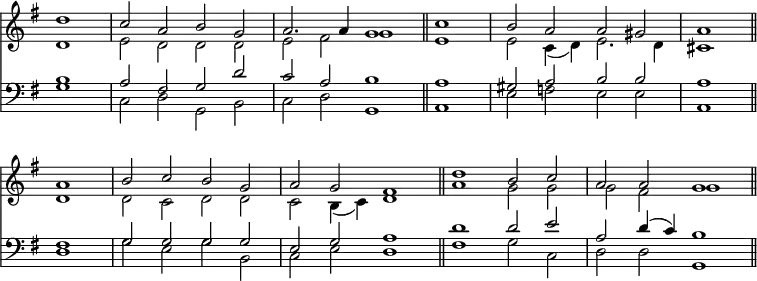 << <<
\new Staff { \clef treble \time 4/2 \partial 1 \key g \major \set Staff.midiInstrument = "church organ" \omit Staff.TimeSignature \set Score.tempoHideNote = ##t \override Score.BarNumber #'transparent = ##t
\relative c''
<< { d1 | c2 a b g | a2. a4 g1 \bar"||" \partial 1 c | b2 a a gis | a1 \bar"||" \break
a | b2 c b g | a g fis1 \bar"||" d' | b2 c a a | g1 \bar"||" } \\
{ d1 | e2 d d d | e fis g1 | e | e2 c4( d) e2. d4 | cis1 |
d | d2 c d d | c b4( c) d1 \bar"||" a' | g2 g g fis | g1 } >>
}
\new Staff { \clef bass \key g \major \set Staff.midiInstrument = "church organ" \omit Staff.TimeSignature
\relative c'
<< { b1 | a2 fis g d' | c a b1 | a | gis2 a b b | a1 |
fis | g2 g g g | e g a1 | d | d2 e a, d4( c) | b1 } \\
{ g1 | c,2 d g, b | c d g,1 | a | e'2 f e e | a,1 |
d | g2 e g b, | c e d1 | fis | g2 c, d d | g,1 } >>
}
>> >>
\layout { indent = #0 }
\midi { \tempo 2 = 69 }