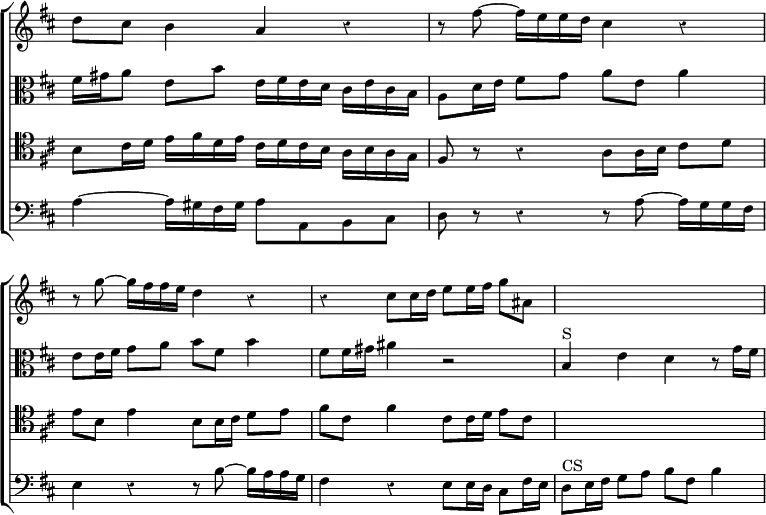 \new ChoirStaff << \override Score.BarNumber #'break-visibility = #'#(#f #f #f) \override Score.Rest #'style = #'classical \override Score.TimeSignature #'stencil = ##f
\new Staff \relative d'' { \key d \major \time 4/4
d8 cis b4 a r | r8 fis' ~ fis16 e e d cis4 r |
r8 g' ~ g16 fis fis e d4 r |
r cis8 cis16 d e8 e16 fis g8 ais, | s1 }
\new Staff \relative f' { \clef alto \key d \major
fis16 gis a8 e b' e,16 fis e d cis e cis b |
a8 d16 e fis8 g a e a4 | e8 e16 fis g8 a b fis b4 |
fis8 fis16 gis ais4 r2 | b,4^"S" e d r8 g16 fis }
\new Staff \relative b { \clef tenor \key d \major
b8 cis16 d e fis d e cis d cis b a b a g |
fis8 r r4 a8 a16 b cis8 d | e b e4 b8 b16 cis d8 e |
fis cis fis4 cis8 cis16 d e8 cis | s1 }
\new Staff \relative a { \clef bass \key d \major
a4 ~ a16 gis fis gis a8 a, b cis |
d8 r r4 r8 a' ~ a16 g g fis | e4 r r8 b' ~ b16 a a g |
fis4 r e8 e16 d cis8 fis16 e | d8^"CS" e16 fis g8 a b fis b4 } >>