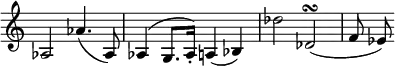 { \override Score.TimeSignature #'stencil = ##f \time 4/4 \relative a { aes2 aes'4.( aes,8) | aes4^( g8. aes16-.) a4_( bes) | des'2 des,^\turn_( f8 ees) } }
