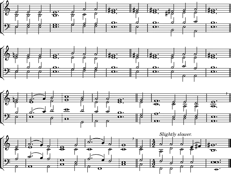 
\new ChoirStaff <<
  \new Staff { \clef treble \time 6/2 \key c \major \partial 1. \set Staff.midiInstrument = "church organ" \omit Staff.TimeSignature \set Score.tempoHideNote = ##t \override Score.BarNumber  #'transparent = ##t 
  \relative c'
  << { e2 e e | e1. e2 a a | \time 4/2 gis1. \bar"||" gis!2 | \time 6/2 gis1. fis2 gis a | gis1. \bar"||" \break
       g2 g g | g1. b2 a a | \time 4/2 gis1. \bar"||" gis!2 | \time 6/2 gis1. gis2 a a | \time 4/2 gis1. \bar"||" \break
       g!2 | \time 6/2 g2.( a4) b2 \bar"!" c1 b2 | a a g1. \bar"||" g2 | f1. e2 e d | \time 4/2 e1. \breathe \bar"||" \break
       e2 | \time 6/2 a2.( g4) f2 \bar"!" e1 g2 | c2.( b4) a2 \bar"!" g1 \breathe \bar"||" e2 | \undo \omit Staff.TimeSignature \time 4/2 ^\markup \italic "Slightly slower." a a a e4( fis) | gis1. \bar"|." } \\
  { b,2 b b | b1. b2 c d | e1. e2 | e1. dis2 e e | e1.
    e2 e e | e1. e2 e d | e1. e2 | e1. e2 e e | e1.
    e2 | e1 f2 g1 g2 | e e e1. e2 | c1. c2 a a | a1.
    c2 | e1 c2 c1 c2 | c1 c2 c1 c2 | a d c c | b1. } >>
  } 
\new Staff { \clef bass \key c \major \set Staff.midiInstrument = "church organ" \omit Staff.TimeSignature \override Staff.NoteHead.style = #'altdefault
  \relative c
  << { e2 g g | g1. g2 a a | b1. b2 | b1. b2 b c | b1.
       e,2 b' b | b1. g2 a a | b1. b2 | b1. b2 c a | b1. 
       b2 | b2.( c4) d2 e1 d2 | c c b1. g2 | a1. e2 f f | e1.
       a2 | c2.( b4) a2 g1 e2 | a2.( g4) f2 e1 g2 | \undo \omit Staff.TimeSignature f d e e | e1. } \\
  { e2 e e | e1. g2 f f | e1. e2 | e1. b2 e a, | e'1.
    e2 e e | e1. g2 f f | e1. e2 | e1. e2 a, a | e'1.
    e2 | e1 d2 c1 g2 | a a e'1. e2 | a,1. c2 d d | a1.
    a2 | a1 a2 c1 c2 | a2 f1 c'1 c2 | f, f a a | e'1. } \\
       \tiny { s1. | s1. s1. | s1. s2 | s1. s1. | s1.
               s1. | s1. s1. | s1. s2 | s1. s1. | s1.
               s2 | s1. s1. | s1. s1. | s1. s1. | s1.
               s2 | s1. s1. | s1. s1. | s1 s1 | e,1. } >>
  } 
>>
\layout { indent = #0 }
\midi { \tempo 2 = 84 }
