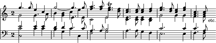 << \new Staff { \override Score.TimeSignature #'style = #'single-digit \time 2/2 << \new Voice \relative g'' { \stemUp g4. g8 e4 c | g'2 ~ g4. g8 | <a f>4. q8 \stemDown <g e>4.\trill <f d>8 \stemUp <e c>4. q8 q4 <f d> | <g e>4. <f d>8 <e c>4 <g e> | <c, a>4. q8 }
\new Voice \relative g' { \stemDown g2 g4. a8 | b4 <g b> e4. e8 | c2 e | <e c>4. q8 q4 <d b> | g2 g4 g | f4. f8 s_"etc." }
\new Voice \relative c'' { \stemDown s1 s2 c4 e } >> }
\new Staff { \clef bass << \new Voice \relative e' { \stemUp e2 e4 e | d d c4. c8 | a4. a8 b2 | s1 c2. c4 c4. a8 s }
\new Voice \relative c' { \stemDown \mergeDifferentlyDottedOn <c c,>2 c4 c | b g c c, | f2 g | a4. a8 g4 f | e2. e4 | f4. f8 } >> } >>