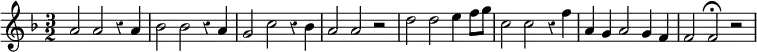 \relative a' { \key f \major \time 3/2 \override Score.Rest #'style = #'classical
a2 a r4 a | bes2 bes r4 a | g2 c r4 bes | a2 a r | d2 d e4 f8 g |
c,2 c r4 f | a, g a2 g4 f | f2 f\fermata r }
