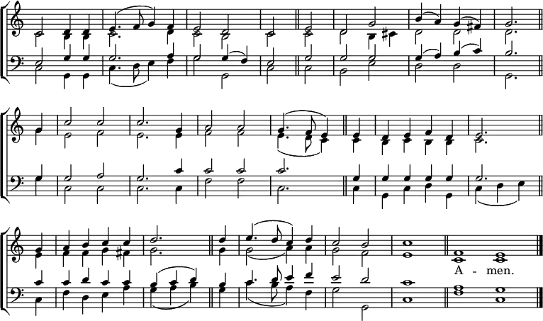 \new ChoirStaff <<
\new Staff { \clef treble \time 4/4 \key c \major \set Staff.midiInstrument = "church organ" \omit Staff.TimeSignature \set Score.tempoHideNote = ##t \override Score.BarNumber #'transparent = ##t
\relative c'
<< { c2 d4 d | e4.( f8 g4) f | e2 d | c \bar"||" e | d g | b4( a) g( fis) | g2. \bar"||" \break
g4 | c2 c | c2. g4 | a2 a | g4.( f8 e4) \bar"||" e | d e f d | e2. \bar"||" \break
g4 | a b c c | d2. \bar"||" d4 | e4.( d8 c4) d | c2 b | c1 \bar"||"
\time 8/4 f, e \bar"|."} \\
{ c2 | b4 b | c2. d4 | c2 b | c c | d b4 cis | d2 d | d2.
g4 | e2 f | e2. e4 | f2 f | e4.( d8 c4) c | b c b b | c2.
e4 | f f g fis | g2. g4 | g2( a4) a | g2 f | e1 | c c } >>
}
\addlyrics {_ _ _ _ _ _ _ _ _ _ _ _ _ _ _ _ _ _ _ _ _ _ _ _ _
_ _ _ _ _ _ _ _ _ _ _ _ _ _ _ _ _ _ _ _ _ _ _ _ A -- men.}
\new Staff { \clef bass \key c \major \set Staff.midiInstrument = "church organ" \omit Staff.TimeSignature
\relative c
<< { e2 g4 g | g2. a4 | g2 g4( f) | e2 g | g g | g4( a) b( c) | b2.
g4 | g2 a | g2. c4 | c2 c | c2. g4 | g g g g | g2.
c4 | c d c c | b( c d) b | c4. d8 e4 f | e2 d | c1 | a g } \\
{ c,2 g4 g | c4.( d8 e4) f | g2 g, | c c | b e | d d | g,2.
g'4 | c,2 c | c2. c4 | f2 f | c2. c4 | g c d g, | c( d e)
c | f d e a | g( a b) g | c4.( b8 a4) f | g2 g, | c1 | f c } >>
}
>>
\layout { indent = #0 }
\midi { \tempo 4 = 126 }