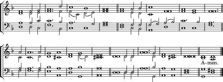 \new ChoirStaff <<
\new Staff { \clef treble \time 4/2 \key d \minor \set Staff.midiInstrument = "church organ" \omit Staff.TimeSignature \set Score.tempoHideNote = ##t \override Score.BarNumber #'transparent = ##t \override Staff.NoteHead.style = #'altdefault
\relative c'
<< { f1 f2 g | a1. d2 | c1 bes | a\breve \bar"||"
a1 a2 bes | c1 f, | a g | f1. \bar"||" \break
a2 | a1. a2 | g1 a | f g | e\breve \bar"||"
d1 d2 d | a'1. g2 | f1 e d\breve \bar"||"
d1 d \bar"|."} \\
{ d1 d2 e | f1. f2 | f( c) d( e) | f\breve |
f1 e2 d | c1 f | f e | f1.
c2 | c1. d2 | d1 cis | d1 e2( d) | cis\breve
d1 d2 d | a'1. d,2 | d1 cis | d\breve
bes1 a
} >>
}
\addlyrics {_ _ _ _ _ _ _ _ _ _ _ _ _ _ _ _ _
_ _ _ _ _ _ _ _ _ _ _ _ _ _ _ _ _ _ A -- men.}
\new Staff { \clef bass \key d \minor \set Staff.midiInstrument = "church organ" \omit Staff.TimeSignature
\relative c'
<< { a1 a2 c | c1. bes2 | a1. g2 | a\breve |
f1 f2 f | f( g) a( bes) | c1. bes2 | a1.
a2 | a1. a2 | bes1 a | a bes | a\breve
d,1 d2 d | a'1. bes2 | a1 g | f\breve
g1 fis } \\
{ d1 d2 c | f1. bes,2 | c1 c | f\breve
d1 c2 bes | a1 d | c c | f1.
f2 | f1. f2 | e1 a, | d g, | a\breve
d1 d2 d | a'1. g,2 | a1 a | d\breve
g,1 d' } >>
}
>>
\layout { indent = #0 }
\midi { \tempo 2 = 76 }