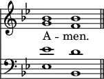 
<< <<
\new Staff { \clef treble \time 4/2 \key bes \major \set Staff.midiInstrument = "church organ" \omit Staff.TimeSignature
  \relative c'' {
  << { bes1 bes \bar"||" } \\ { g f } >> }
}
\new Lyrics \lyricmode {
A -- men.
}
\new Staff { \clef bass \key bes \major \set Staff.midiInstrument = "church organ" \omit Staff.TimeSignature
  \relative c' {
  << { es1 d } \\ { es,1 bes } >> }
}
>> >>
\layout { indent = #0 }
\midi { \tempo 4 = 120 }
