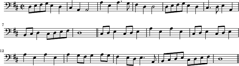 \header {
tagline = "" %% removes "Music engraving by LilyPond 2.18.2—www.lilypond.org" footer, which unsurprisingly was not in the 1651 ed.
}
\new Staff { \time 2/2 \key d \major \clef bass
\relative c'' {
d,,8 e8 fis8 g8 e4 d4 cis4 a4 a2 | a'4 e4 a4. g8 fis4 d4 d2 | d8 e8 fis8 g8 e4 d4 cis4. d8 e4 a,4 | b8 cis8 d4 cis8 d8 e8 fis8 d1 \bar "||" cis8 d8 e4 cis8 d8 e4 a4 e4 a4 e4 cis8 d8 e4 cis8 d8 e4 a4 e4 a4 e4 a4 g8 fis8 g4 a8 g8 fis4 e8 d8 e4. | a,8 b8 cis8 d8 e8 cis8 d8 e8 fis8 d1 \bar "||"
}
}
\midi { \tempo 2 = 69 \set Staff.midiInstrument = "cello" }
%%please feel free to change instrument to something else, see https://lilypond.org/doc/v2.21/Documentation/notation/midi-instruments
\layout { }