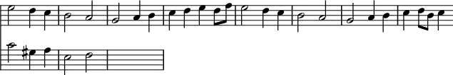 { << \new Staff \relative e'' { \override Score.BarNumber #'break-visibility = #'#(#f #f #f) \override Score.TimeSignature #'stencil = ##f \override Score.Clef #'stencil = ##f
e2 d4 c | b2 a | g a4 b | c d e d8 f | e2 d4 c %end line 1
b2 a | g a4 b | c d8 b c4 }
\new Staff \relative c' { \clef bass c2 gis4 a | e2 f | s1 | } >> }