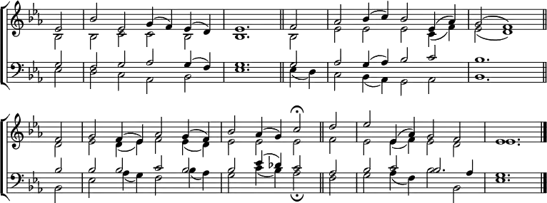 \new ChoirStaff <<
\new Staff { \clef treble \time 4/2 \key es \major \partial 2 \set Staff.midiInstrument = "church organ" \omit Staff.TimeSignature \set Score.tempoHideNote = ##t \override Score.BarNumber #'transparent = ##t
\relative c'
<< { es2 | bes' es, g4( f) es( d) | es1. \bar"||"
f2 aes bes4( c) bes2 es,4( aes) | g2( f1) \bar"||" \break
f2 | g f4( es) aes2 g4( f) | bes2 aes4( g) c2 \fermata \bar"||"
d | es es,4( aes) g2 f | es1. \bar"|." } \\
{ bes2 | 2 c c bes | bes1. 2 | es es es c4( f) | es2( d1)
d2 | es d4( es) f2 es4( d) | es2 2 2 f | es2 4( f) es2 d | es1. } >>
}
\new Staff { \clef bass \key es \major \set Staff.midiInstrument = "church organ" \omit Staff.TimeSignature
\relative c'
<< { g2 | f g aes g4( f) | g1. 2 | aes g4( aes) bes2 c | bes1.
bes2 | 2 2 c bes | bes es4( des) c2 aes | bes c bes2. aes4 | g1. } \\
{ es2 | d c aes bes | es1. 4( d) | c2 bes4( aes) g2 aes | bes1.
bes2 | es aes4( g) f2 bes4( aes) | g2 c4( bes) aes2 \fermata
f2 | g aes4( f) bes2 bes, | es1. } >>
}
>>
\layout { indent = #0 }
\midi { \tempo 2 = 60 }
