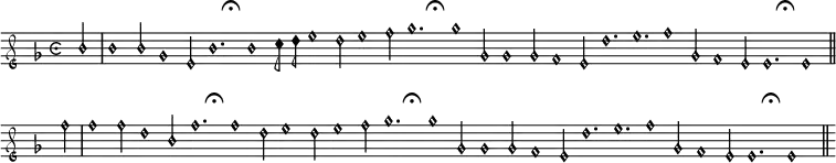 \header { tagline = "" }
\score {
\new Staff { \time 6/4 \key f \major \clef "petrucci-g1" \override Staff.TimeSignature.style = #'neomensural \partial 2
\autoBeamOff
\defineBarLine "||s" #'("=" "=" "")
\relative c'' { \cadenzaOn
d2 \bar "|"
d1 d2 bes1 g2 d'1. \breathe d1
e8*2 f8*2 g1 f2 g1 a2 bes1. \breathe bes1
bes,2 bes1 bes2 a1 g2 f'1. g1. a1 bes,2
a1 g2 g1. \breathe g1 \bar "||"
a'2 \bar "|" a1 a2 f1 d2 a'1. \breathe a1
f2 g1 f2 g1 a2 bes1. \breathe bes1
bes,2 bes1 bes2 a1 g2 f'1. g1. a1
bes,2 a1 g2 g1. \breathe g1 \cadenzaOff \bar "||s" \bar "||s"
}
}
\layout {
indent = #0
\context {
\Voice
\override Score.BarNumber.transparent = ##t
\override Stem.neutral-direction = #UP
% \override Stem.neutral-direction = #up %does not work, but in doc example: https://lsr.di.unimi.it/LSR/Item?id=422
\override Staff.TimeSignature.style = #'neomensural %%for some reason this works in the Staff context above, but not here. ?
\override NoteHead.style = #'petrucci
\override Flag.style = #'mensural
\override BreathingSign.text = \markup \raise #3.0 \small \musicglyph #"scripts.ufermata"
% \override KeySignature.glyph-name-alist = #alteration-mensural-glyph-name-alist
% \override Staff.Accidental.glyph-name-alist = #alteration-mensural-glyph-name-alist
% \finalis %crashes rendering, need to have "\include "gregorian.ly"", which is understandably forbidden. May be cause of two above problems, too.
% \defineBarLine "||||" #'("||" " " "||")
% \bar "||||" %% Not working https://lilypond.org/doc/v2.23/Documentation/notation/bars
}
}
}
\score {
\new Staff { \time 6/4 \key f \major \clef "petrucci-g1" \partial 2
\unfoldRepeats {
\relative c'' {
\repeat volta 3 {
\repeat volta 2 {\cadenzaOn d2 \bar "|"
d1 d2 bes1 g2 d'1. \breathe d1
e8*2 f8*2 g1 f2 g1 a2 bes1. \breathe bes1
bes,2 bes1 bes2 a1 g2 f'1. g1. a1 bes,2
a1 g2 g1. \breathe g1 \bar "||"}
\repeat volta 3 { \cadenzaOn a'2 \bar "|" a1 a2 f1 d2 a'1. \breathe a1
f2 g1 f2 g1 a2 bes1. \breathe bes1
bes,2 bes1 bes2 a1 g2 f'1. g1. a1
bes,2 a1 g2 g1. \breathe g1 \cadenzaOff \bar "||s" }
}
}
}
}
\midi { \tempo 2 = 180 \set Staff.midiInstrument = "cello" }
%%please feel free to change instrument to something else, see https://lilypond.org/doc/v2.21/Documentation/notation/midi-instruments
}