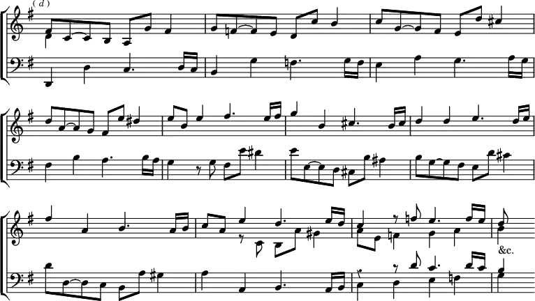 \new ChoirStaff << \override Score.BarNumber #'break-visibility = #'#(#f #f #f) \override Score.TimeSignature #'stencil = ##f \override Score.Rest #'style = #'classical
\new Staff \relative f' { \key g \major \time 4/4 \mark \markup \tiny { (\italic"d") } <<
{ fis8 c ~ c b a g' fis4 | g8 f ~ f e d c' b4 |
c8 g ~ g fis e d' cis4 | d8 a ~ a g fis e' dis4 |
e8 b e4 fis4. e16 fis | g4 b, cis4. b16 cis | d4 d e4. d16 e |
fis4 a, b4. a16 b | c8 a e'4 d4. e16 d |
c4 r8 f e4. f16 e | d8 } \\
{ d,4 s2. s1 s s | s s s | s s4 r8 c b a' gis4 |
a8 e f4 g a | b_"&c." } >> }
\new Staff \relative d, { \clef bass \key g \major
d4 d' c4. d16 c | b4 g' f4. g16 f |
e4 a g4. a16 g | fis4 b a4. b16 a |
g4 r8 g fis e' dis4 | e8 e, ~ e d cis b' ais4 |
b8 g ~ g fis e d' cis4 | d8 d, ~ d c b a' gis4 |
a4 a, b4. a16 b | << { r4 r8 d' c4. d16 c | b4 } \\
{ c, d e f | g } >> } >>