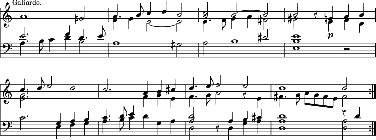 { << \new Staff << \override Score.Rest #'style = #'classical \override Score.TimeSignature #'stencil = ##f \override Score.BarNumber #'break-visibility = #'#(#f #f #f) \time 3/2 \mark \markup \small "Galiardo."
\new Voice \relative a' { \stemUp
a1 gis2 | a4. b8 c4 d b2 | <c a> b ^~ b | b r4 g a b | %eol2
c4. d8 e2 d | c2. a4 b cis | d4. e8 f2 e | d1 d2 \bar ":|." }
\new Voice \relative f' { \stemDown
s1. | f4 g e2 _~ e | e4. f8 g4 a fis2 | gis s4 e\p f d | %eol2
<e g>2. s | s f4 g e | f4. g8 a2 r4 e | fis4. g8 a g fis e fis2 } >>
\new Staff << \clef bass
\new Voice \relative e' { \stemUp
e2. f4 d4. e8 | s1. | s1 dis2 | e1 r2 | %eol2
s2. g,4 a b | c4. d8 e4 s2. | <d a>2 r4 a b cis | d1 r4 d }
\new Voice \relative a { \stemDown
a4. b8 c4 d b2 | a1 gis2 | a2 b1 | <b e,> s2 | %end line 2
c2. e,4 f g | a4. b8 c4 d g, a | d,2 s4 d g a | <a d,>1 q2 } >> >> }
