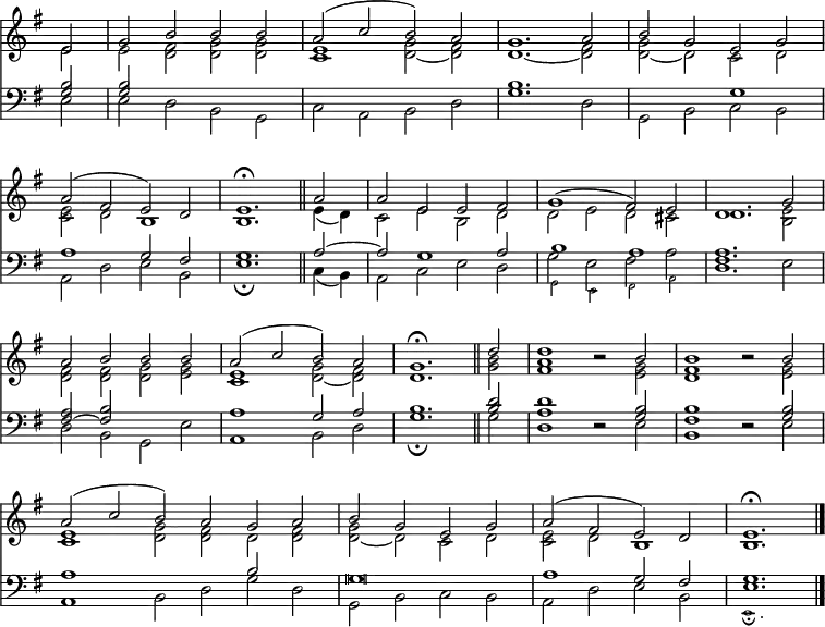 << <<
\new Staff \with {\consists "Merge_rests_engraver"} { \clef treble \time 4/2 \partial 2 \key g \major \set Staff.midiInstrument = "church organ" \omit Staff.TimeSignature \set Score.tempoHideNote = ##t \override Score.BarNumber #'transparent = ##t
\relative c'
<< { e2 | g b b b | a( c b) a | g1. a2 | b g e g | \break
a( fis e) d | e1.\fermata \bar"||" a2 | a e e fis | g1( fis2) e | d1. g2 | \break
a b b b | a( c b) a | g1.\fermata \bar"||" d'2 | d1 r2 b | b1 r2 b | \break
\time 6/2 a( c b) a g a | \time 4/2 b g e g | a( fis e) d | e1.\fermata \bar"|." } \\
{ e2 | e <d fis> <d g> <d g> | <c e>1 <d ~ g>2 <d fis> | d1. ~ <d fis>2 | <d ~ g> d c d |
<c e> d b1 | b1. e4( d) | c2 e b d | d e d cis | d1. <b e>2 |
<d fis> <d fis> <d g> <e g> | <c e>1 <d ~ g>2 <d fis> | d1. <g b>2 | <fis a>1 r2 <e g>2 | <d fis>1 r2 <e g> |
<c e>1 <d g>2 <d fis> d <d fis> | <d ~ g> d c d | <c e> d b1 | b1. } >>
}
\new Staff \with {\consists "Merge_rests_engraver"} { \clef bass \key g \major \set Staff.midiInstrument = "church organ" \omit Staff.TimeSignature
\relative c'
<< { <g b>2 | <g b> s1. | s1 s1 | b1. s2 | s1 g |
a g2 fis | g1.\bar"||" a2 ~ | a g1 a2 | b1 a | <fis a>1. s2 |
<fis ~ a> <fis b> s1 | a g2 a | b1. \bar"||" <b d>2 | <a d>1 r2 <g b> | <fis b>1 r2 <g b> |
\time 6/2 a1 s b2 s | \time 4/2 \override Staff.NoteHead.style = #'altdefault g\breve | a1 g2 fis | g1. } \\
{ e2 | e d b g | c a b d | g1. d2 | g, b c b |
a d e b | e1.\fermata c4( b) | a2 c e d |
<<
\new Voice = "alternative" {
\stemDown {
g e fis a
}
}
{
\stemDown \magnifyMusic 0.63 {
g, e fis a
}
} >>
| \stemDown d1. e2 |
d b g e' | a,1 b2 d | g1.\fermata g2 | d1 r2 e | b1 r2 e |
\time 6/2 a,1 b2 d g d | \time 4/2 g, b c b | a d e b |
<<
\new Voice = "alternative" {
\stemUp {
e1.
}
}
{
\stemDown \magnifyMusic 0.63 {
e,1.\fermata
}
} >>
}
>>}
>> >>
\layout { indent = #0 }
\midi { \tempo 2 = 80 }