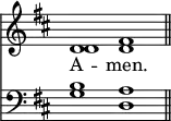 <<
\new Staff { \clef treble \time 4/2 \key d \major \set Staff.midiInstrument = "church organ" \omit Staff.TimeSignature
\relative c' { << { d1 fis \bar"||" } \\ { d d } >> } }
\new Lyrics \lyricmode { A -- men. }
\new Staff { \clef bass \key d \major \set Staff.midiInstrument = "church organ" \omit Staff.TimeSignature
\relative c' { << { b1 a } \\ { g d } >> } }
>>
\layout { indent = #0 }
\midi { \tempo 2 = 76 }