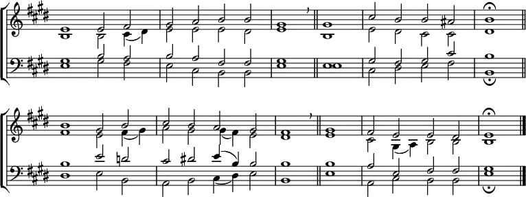 \new ChoirStaff <<
\new Staff { \clef treble \time 4/2 \key e \major \set Staff.midiInstrument = "church organ" \omit Staff.TimeSignature \set Score.tempoHideNote = ##t \override Score.BarNumber #'transparent = ##t
\relative c'
<< { e1 e2 fis | gis a b b | gis1 \breathe \bar"||" gis | cis2 b b ais | \time 2/2 b1 \fermata \bar"||" \break
\time 4/2 b gis2 b | cis b a gis | fis1 \breathe \bar"||" gis | fis2 e e dis | e1 \fermata \bar"|." } \\
{ b1 b2 cis4( dis) | e2 e e dis | e1 b | e2 dis cis cis | dis1
fis e2 fis4( gis) | a2 gis gis4( fis) e2 | dis1 e | cis2 gis4( a) b2 b | b1 } >>
}
\new Staff { \clef bass \key e \major \set Staff.midiInstrument = "church organ" \omit Staff.TimeSignature
\relative c'
<< { gis1 | b2 a | b a fis fis | gis1 e | gis2 fis gis cis | b1
b1 e2 d) | cis dis! e4( b) b2 | b1 b | a2 e fis fis | gis1 } \\
{ e1 gis2 fis | e cis b b | e1 e | cis2 dis e fis | b,1 \fermata
dis e2 b | a b cis4( dis) e2 | b1 e | a,2 cis b b | e1 \fermata } >>
}
>>
\layout { indent = #0 }
\midi { \tempo 2 = 66 }
