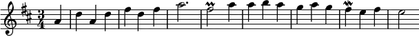 { \time 3/4 \key d \major \partial 4 \relative a' { a4 d a d fis d fis a2. fis2\prall a4 a b a g a g fis\mordent e fis e2 } }